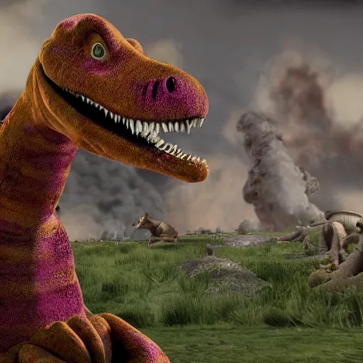 Prompt: barney the dinosaur world war footage