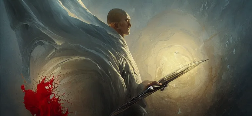 Image similar to sacred man vampire, red sea, sword attack, acanthus scroll, ceremonial clouds, dripping paint, fibonacci rhythm, artstation, art germ, wlop, karol bak, christopher balaskas, ross tran