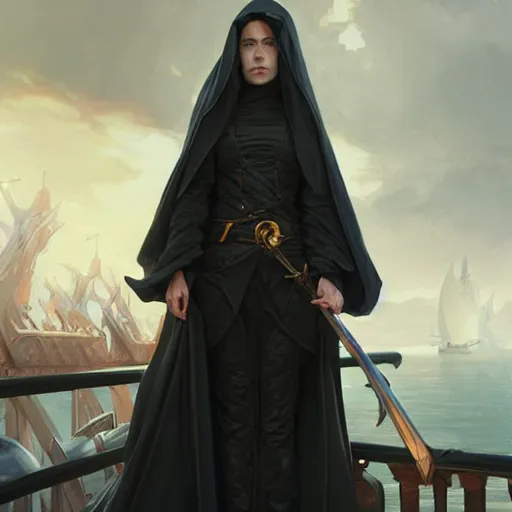 Image similar to dramatic pale rogue in black robes on a ship deck, fantasy, D&D, portrait, piercing stare, highly detailed, digital painting, artstation, concept art, matte, sharp focus, illustration, art by artgerm and greg rutkowski and alphonse mucha