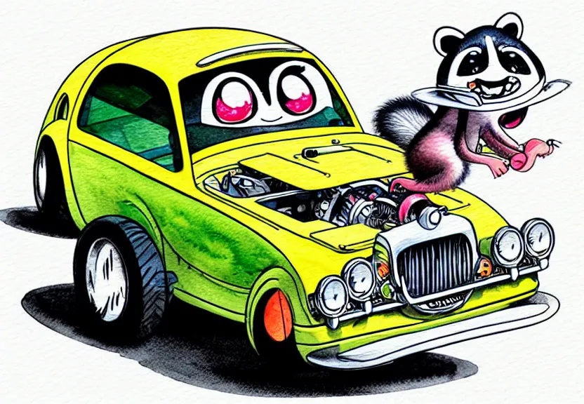 Image similar to cute and funny, racoon riding in a tiny hot rod coupe with oversized engine, ratfink style by ed roth, centered award winning watercolor pen illustration, isometric illustration by chihiro iwasaki, edited by range murata