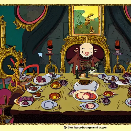 Prompt: The emperor dining on dragon hearts, surrounded by a court of puffins. A scene from adventure time. twilight. Raucous. Joyful.