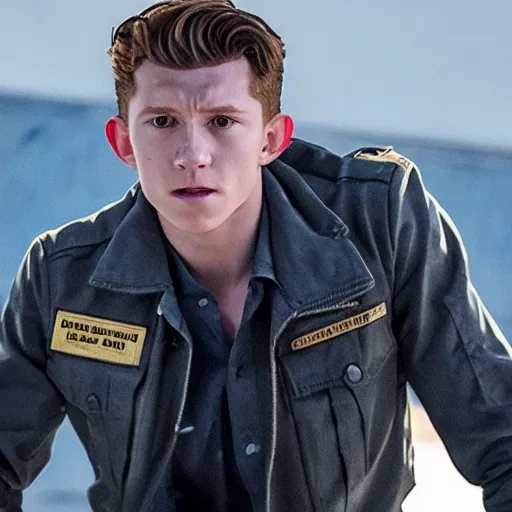 Image similar to film still of tom holland as maverick in too gun