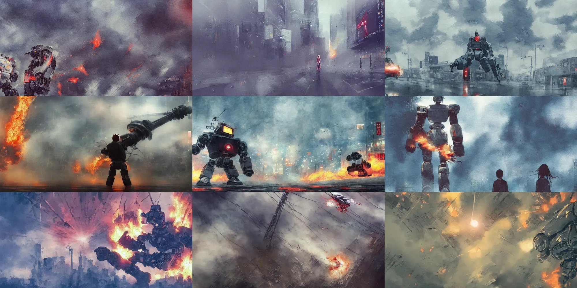 Prompt: incredible wide screenshot, ultrawide, simple water color, paper texture, katsuhiro otomo giant robot anime movie scene, back lit vertigo fear of heights, action shot girl in parka, robot attack, parasol, wet road, telephone wires, giant robot fist, grab, destruction, robot hands, thick fog, smoke, destroyed robots, blazing fire, burning, bonfire, inferno