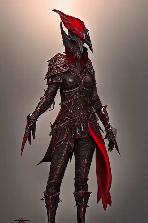 Image similar to female adventurer in tight full - body ebony leather armor of dunmer design with dark red cloth underneath and with a red porcelain crow mask, trending in artstation, establishing shot