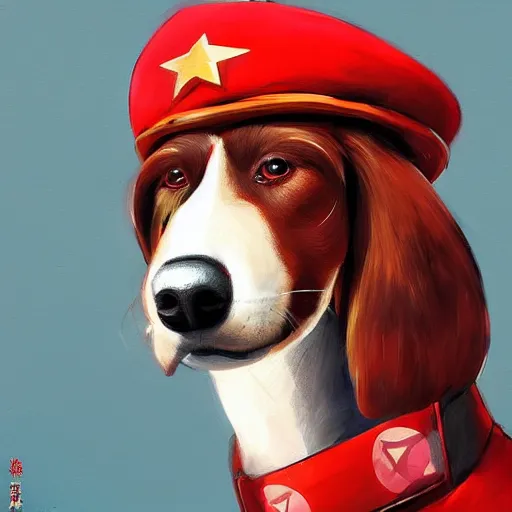 Prompt: Portrait painting of a antropormophic Red Borzoi Dog using a communist red beret as an Overwatch character, medium shot, asymmetrical, profile picture, Organic Painting, sunny day, Matte Painting, bold shapes, hard edges, street art, trending on artstation, by Huang Guangjian and Gil Elvgren and Sachin Teng