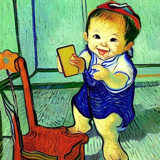 Prompt: A lovely asian baby girl sitting, toy in hand, selfie, big smile, art by Vincent van Gogh