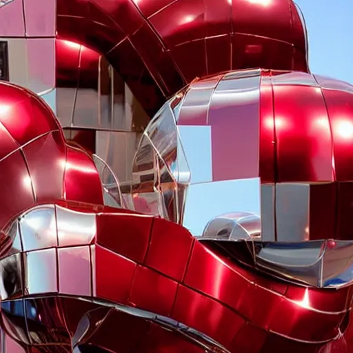 Prompt: chrome spheres on a red cube by frank gehry