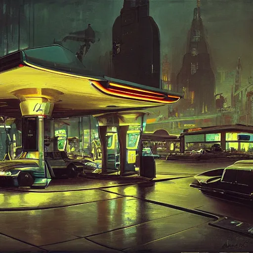 Prompt: painting of syd mead artlilery scifi organic shaped gas station, ornate metal ornaments, volumetric lights, andreas achenbach