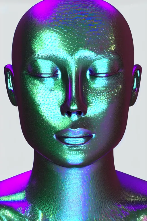 Image similar to 3d render of holographic human robotic bust made of glossy iridescent, bust, surrealistic 3d illustration of a human non-binary, non binary model, 3d model human, cryengine, made of holographic texture, holographic material, holographic rainbow, concept of cyborg and artificial intelligence