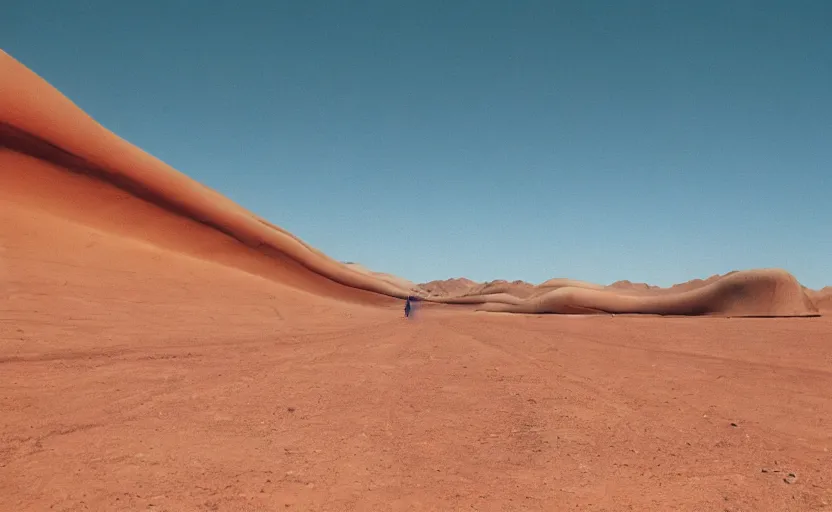 Image similar to high quality movie still of an infinite tunnel in the desert with giant deep wall, Cinestill 800t, heavy grainy picture, very detailed, high quality, 4k panoramic