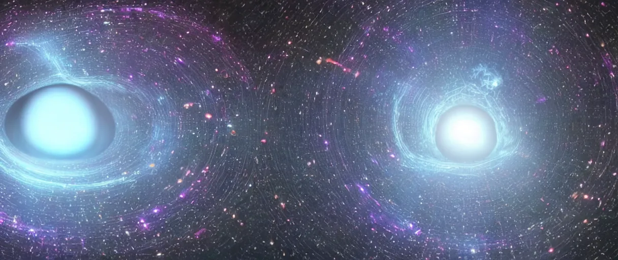 Image similar to realistic photo of one black hole in space, sacred geometry, volumetric, particles, physical, translucence, cinematic lighting, iridescence