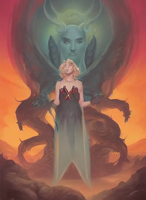 Image similar to Twin Peaks artwork Kiernan Shipka dressed as satanist by Peter Mohrbacher