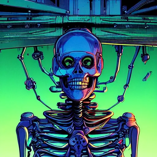 Image similar to portrait of a cybernetic evil undead skeleton sorcerer, cyberpunk concept art by josan gonzales and moebius and enki bilal and and dan mumford and jean claude meziere and philippe druilleg