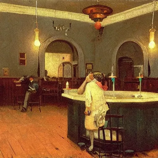 Image similar to ice cream parlor ( 1 8 5 0 ). the room is dimly lit with a one flickering lightbulb. the ice cream case has leaked runny ice cream onto the floor, the shape of the leak is reminiscent of werewolf fangs. there is an eerie blue electric glow. by thomas eakins