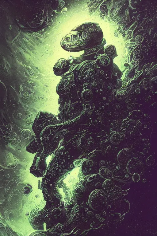 Image similar to close up shot of a full body floating astronaut portrait water elemental, high contrast, james gurney, peter mohrbacher, mike mignola, black paper, mandelbulb fractal, trending on artstation, exquisite detail perfect, large brush strokes, intricate ink illustration, black background