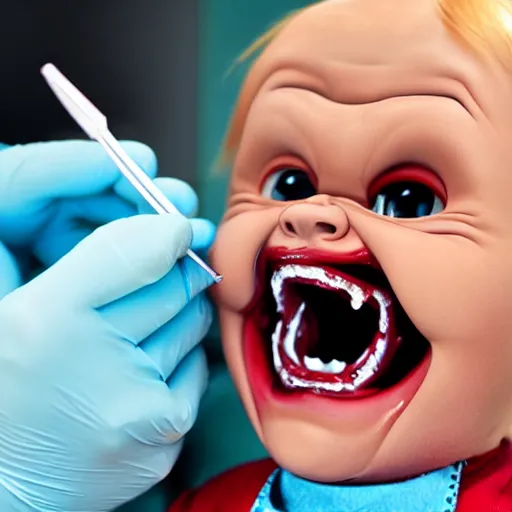 Image similar to chucky doll screaming at the dentist office while getting teeth cleaned