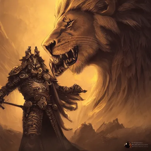 Prompt: Lion, Anthropomorphized, as warlord general on skull throne, magic the gathering artwork, D&D, fantasy, cinematic lighting, centered, symmetrical, highly detailed, digital painting, artstation, concept art, smooth, sharp focus, illustration, volumetric lighting, epic Composition, 8k, art by Akihiko Yoshida and Greg Rutkowski and Craig Mullins, heroic pose, oil painting, cgsociety, Battlefield background, explosions, arrows