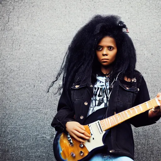 Image similar to 19-year-old black girl, African American girl, with long shaggy black hair, afro hair, wearing denim jacket and bell-bottom jeans, playing electric guitar, stoner metal concert, heavy blues rock, doom metal, 30mm photography