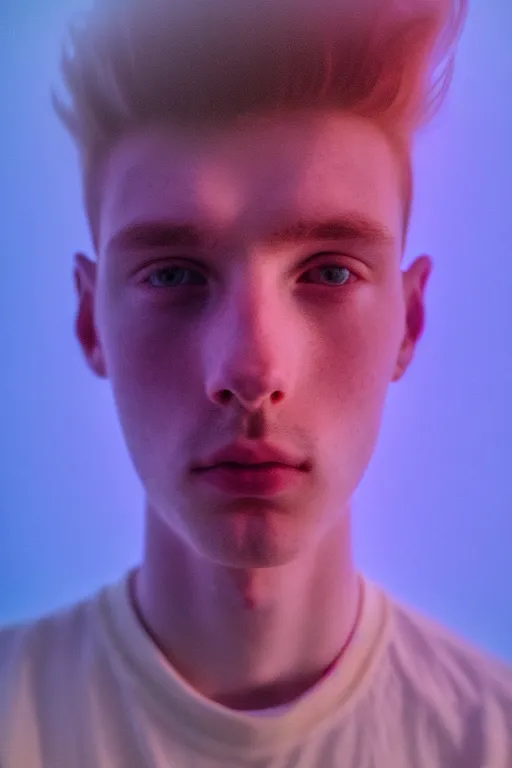 Image similar to high quality pastel coloured film mid angle selfie photograph of a beautiful young 2 0 year old male, soft features, standing in an icelandic black rock environment. atmospheric. three point light. photographic. art directed. ( pastel colours ). volumetric light. stark. waves glitch. 8 k. filmic.