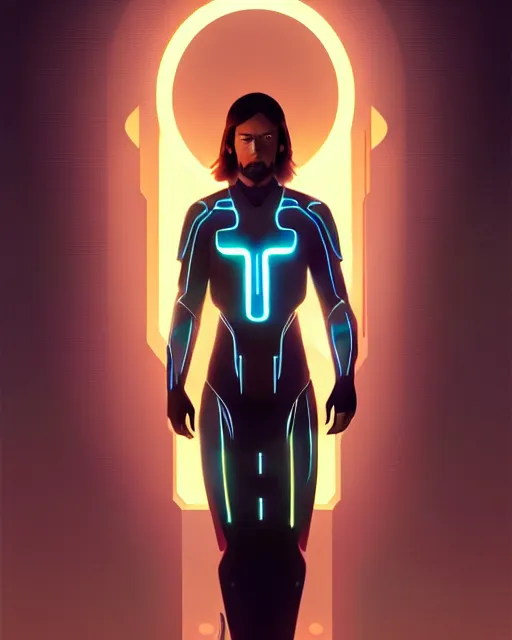 Image similar to tron legacy jesus, diffuse lighting, hyper realistic, concept art, intricate, hyper detailed, smooth, sharp focus, illustration, artstation, greg rutkowski, james gurney, alphonse mucha