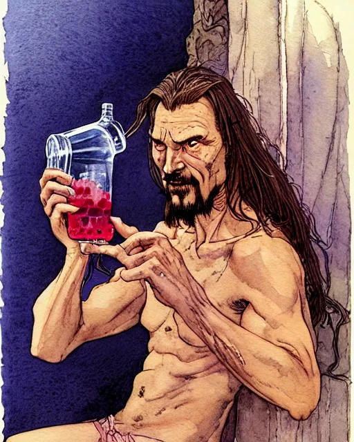 Image similar to a realistic and atmospheric watercolour fantasy character concept art portrait of a sleazy qui - gon jinn drinking out of a bottle with pink eyes wearing a wife beater. by rebecca guay, michael kaluta, charles vess and jean moebius giraud