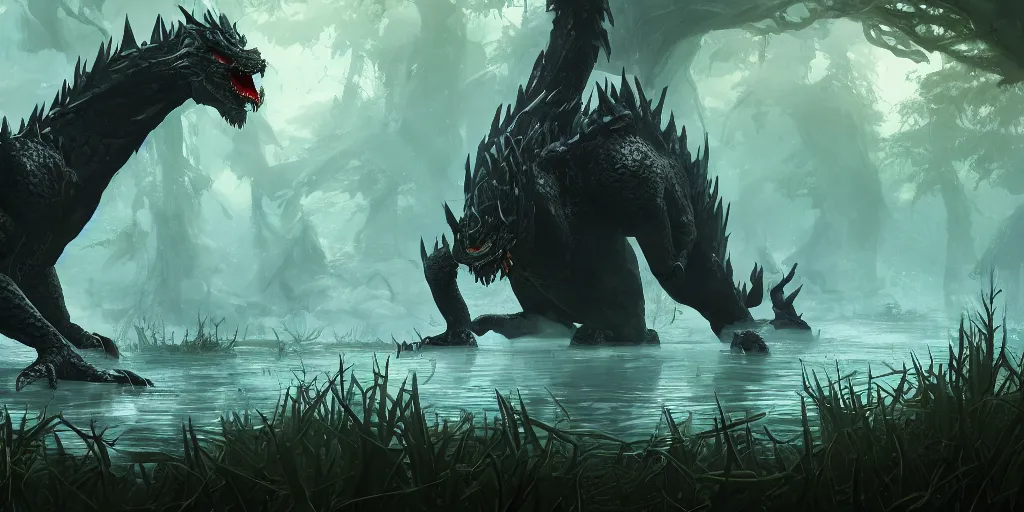 Prompt: A big black dragon monster in the middle of a swamp, mattepainting concept Blizzard pixar maya engine on stylized background splash comics global illumination lighting artstation lois van baarle, ilya kuvshinov, rossdraws