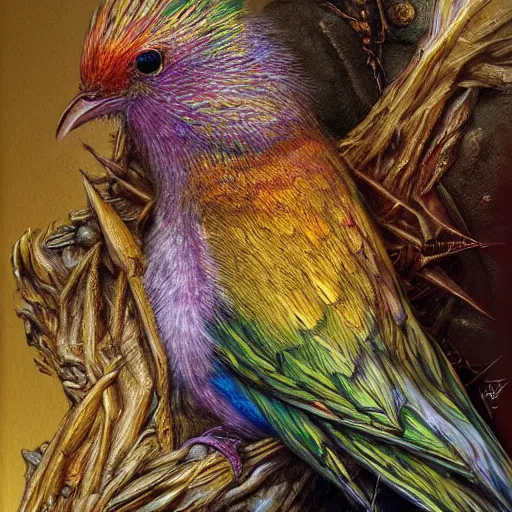 Image similar to camera photo of a colorful small bird, golden crown, from overlord, close up, fantasy, intricate, elegant, highly detailed, digital painting, artstation, concept art, sharp focus, illustration, art by luis royo, wayne barlowe, kirsi salonen, asya yoranova and alan lee