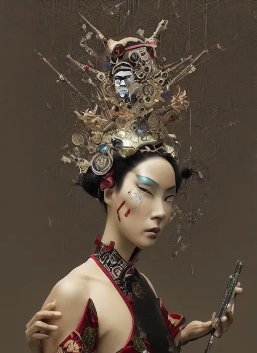 Image similar to portrait of a sensual cyberpunk geisha cyborg with headpiece, imari, modern fine art, fractal, in the style of ghosts in the shell, intricate ornaments, elegant, highly detailed, digital photography, subsurface scattering, by mc escher and greg rutkowski,