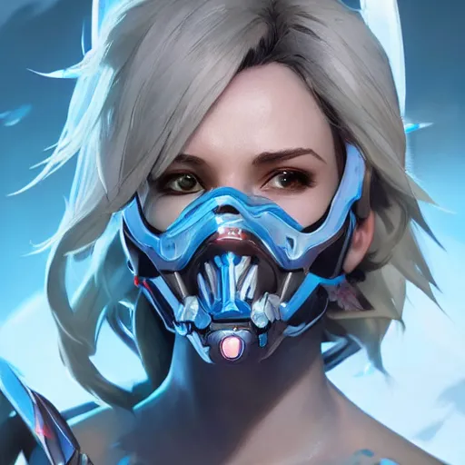 Image similar to mercy overwatch wearing cyberkinetic mask, 8 k resolution, highly detailed, intricate, very beautiful face, very detailed eyes, by greg rutkowski, wlop