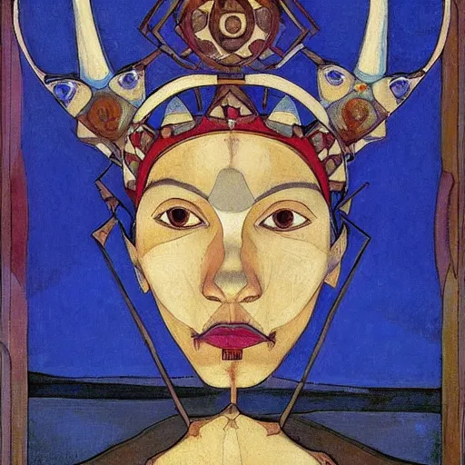 Image similar to the bone crown, by Annie Swynnerton and Nicholas Roerich and Diego Rivera, blue skin, elaborate costume, geometric ornament, rich color, dramatic cinematic lighting, smooth, sharp focus, extremely detailed