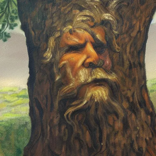 Image similar to A painting of an oak tree, with the face of an old bearded man, close up portrait of a human face in a tree