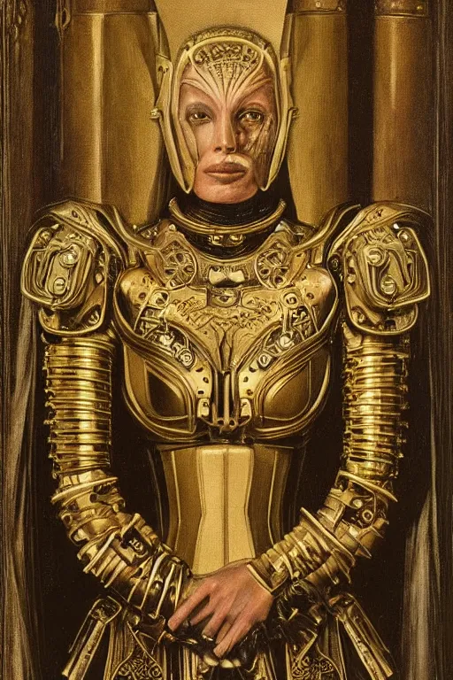 Prompt: portrait of christine turlington as warrior of dark futuristic robotic world, by jan van eyck, h r giger, mysticism, intricate, highly ornate dark gold trim armoury