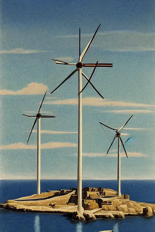 Image similar to painting of the windmills in mykonos painted by Chesley Bonestell