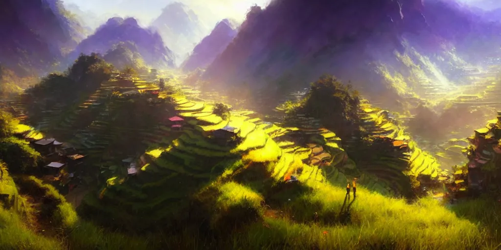 Image similar to artstation scene, banaue rice terraces, bright blue sky, light bloom, atmospheric, dynamic ultra wide shot, cinematic composition, misty painterly anime style concept art, by craig mullins and jeremy mann