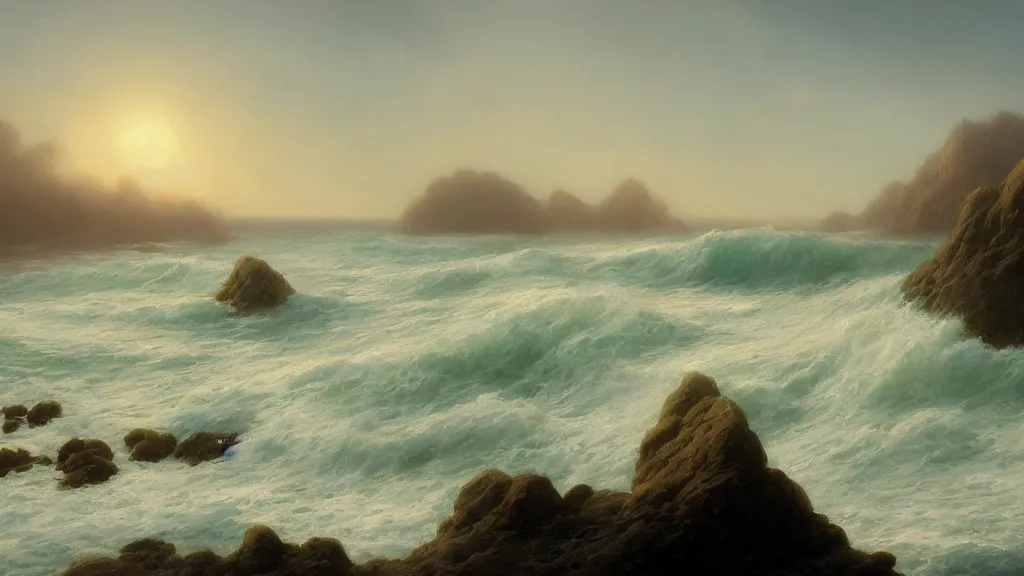 Image similar to first person view of breaking waves on the shore, summer, delicate fog, sea breeze rises in the air, by andreas rocha and john howe, and Martin Johnson Heade, featured on artstation, featured on behance, golden ratio, ultrawide angle, f32, well composed