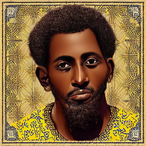 Image similar to east african man, curly hair, muslim man, somali attire, vintage, symmetrical, nostalgic, peaceful, digital painting, intricate details, sharp focus