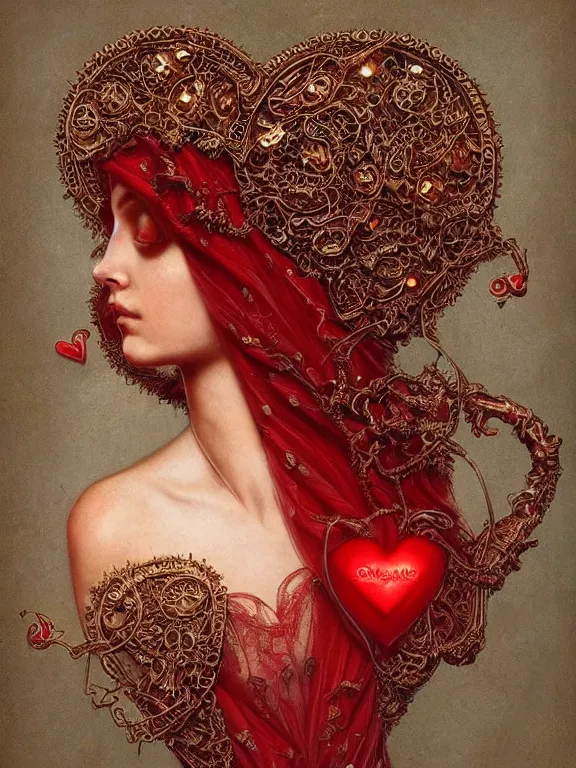 Prompt: a beautiful render of a baroque catholic veiled red queen with symmetry intricate detailed heart sculpture,by LEdmund Leighton, peter gric,aaron horkey,Billelis,trending on pinterest,hyperreal,jewelry,gold,intricate,maximalist,glittering,golden ratio,cinematic lighting