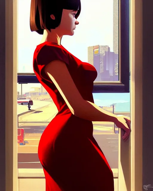 Image similar to hyper - realistic portrait of a girl in a red dress, gta v cover art, celshading, sharp focus, intricate, detailed, by rhads, andreas rocha, makoto shinkai, lois van baarle, ilya kuvshinov and greg rutkowski, by greg rutkowski, dynamic lighting, sharp focus, grunge aesthetic, 4 k