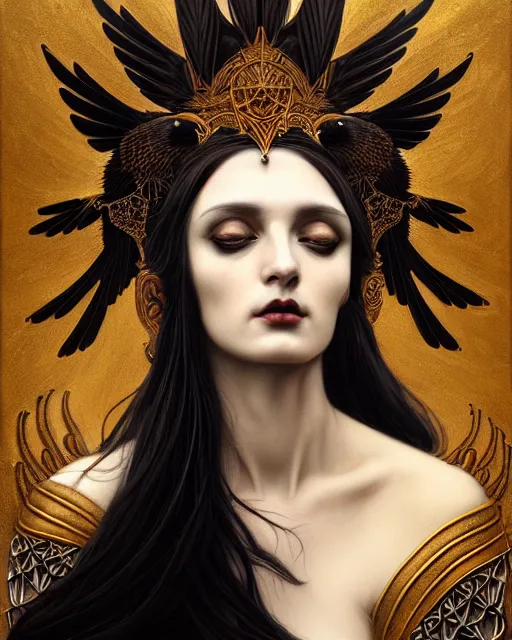 Prompt: goddess of crows, unusual beauty, emotionally evoking symbolic metaphors, head in focus, fantasy, ornamental, intricate, elegant, sensual, highly detailed digital painting, artstation, concept art, painterly, golden ratio, sharp focus, illustration, art by John Collier and Krenz Cushart and Artem Demura and and Greg Rutkowski and Alphonse Mucha and Albert Aublet