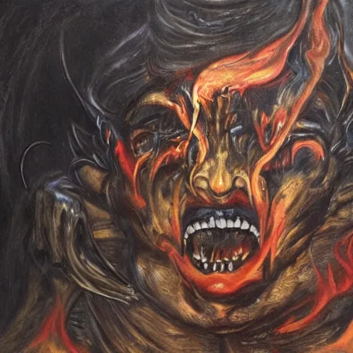 Image similar to ellen degeneres as the devil, pure evil, demonic background, surrounded by flames painted by hr giger, francisco goya, francis bacon, trending on artnet