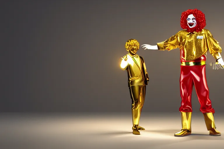 Image similar to a still of ronald mcdonald surrounded by gold and diamonds, award - winning, photograph, 3 d render, unreal engine, 4 k detailed