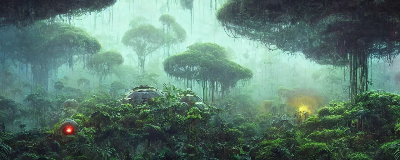 Image similar to ” outer planet with misty jungle covered in mycelium, [ moist, wet, lush, cinematic, detailed, epic, widescreen, opening, establishing, mattepainting, photorealistic, realistic textures, octane render, art by paul lehr ] ”