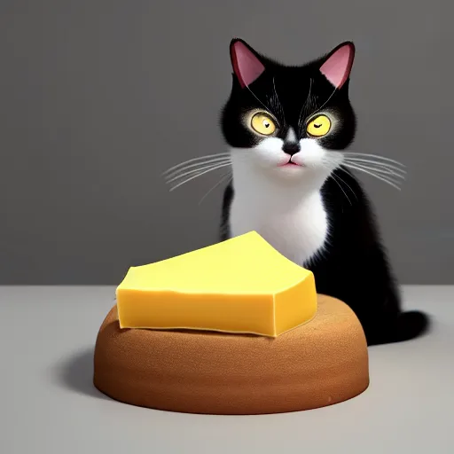 Prompt: A Portrait of a Cat with a body made out of cheese, the cat is playing guitar. octane render, 8k, Hyperrealistic