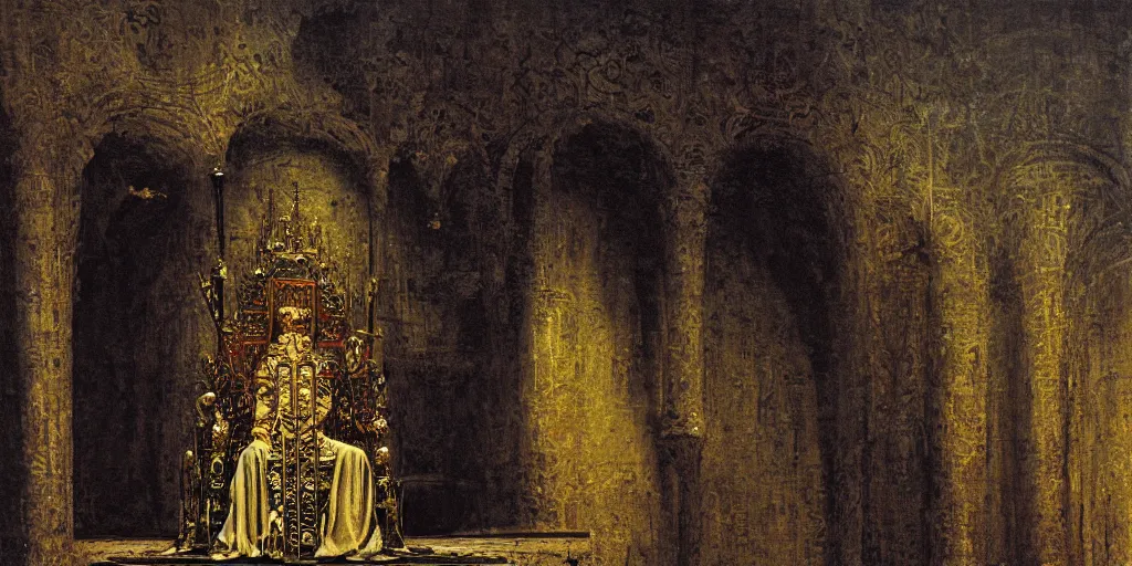 Image similar to a medieval king sitting on a golden throne led by stairs leaning on a shiny sword in a palace, light illuminating behind the throne, beksinski painting