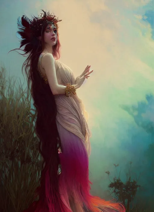 Prompt: ombre velvet gown, crying queen of feathers, portrait, long raven hair, tattered dress, dozens of jeweled necklaces, feral languid woman, by greg rutkowski, anato finnstark, alphonse mucha, global illumination, radiant light