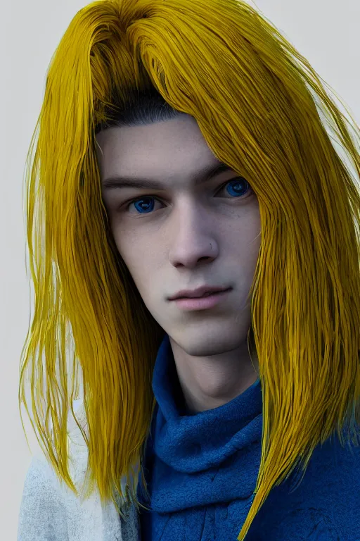 Image similar to a male teenager with long blue hair and yellow eyes wearing a winter overcoat, hyperrealistic, concept art, octane render, unreal engine 5, trending on artstation, high quality, 8 k, highly detailed, digital art, anatomically correct, symmetrical, realistic and defined face, high coherence, path traced, face portrait, yellow eyes, blue hair