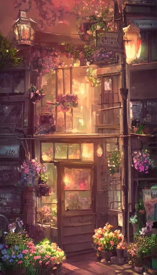 Image similar to a little flower shop's front gate, nostalgic, fresh digital illustrati on, dramatic lighting, pixiv, detailed textures