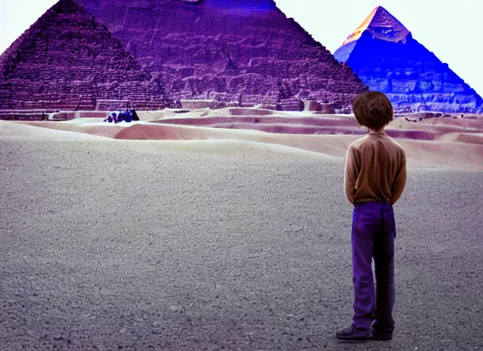 Image similar to landscape, steve jobs and a boy with purple hair in front of the pyramids, hyperrealism, intricate, 8 k, high detail