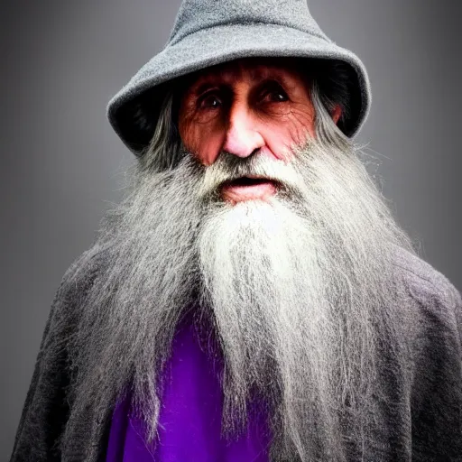 Image similar to an old bald druid wizard with bushy grey eyebrows, long grey hair and wearing a grey wizard hat, disheveled, wise old man, wearing a purple detailed coat, a bushy grey beard, sorcerer, he is a mad old man