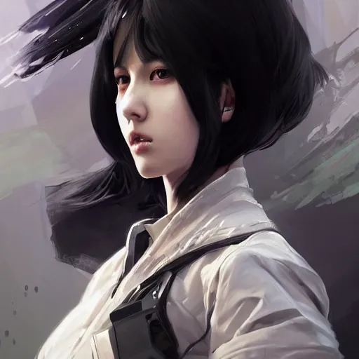 Image similar to a pale skinny white young girl, black hair, the hime cut, 1 8, k - pop fashion, apex legends character, digital illustration portrait design, by android jones and greg rutkowski, retrowave color scheme, detailed, cinematic lighting, wide angle action dynamic portrait